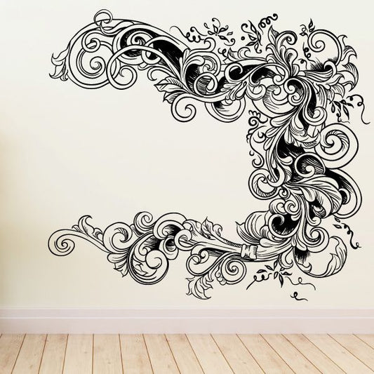 Ornate floral damask vinyl wall decal with swirling corner scrolls, dark ink