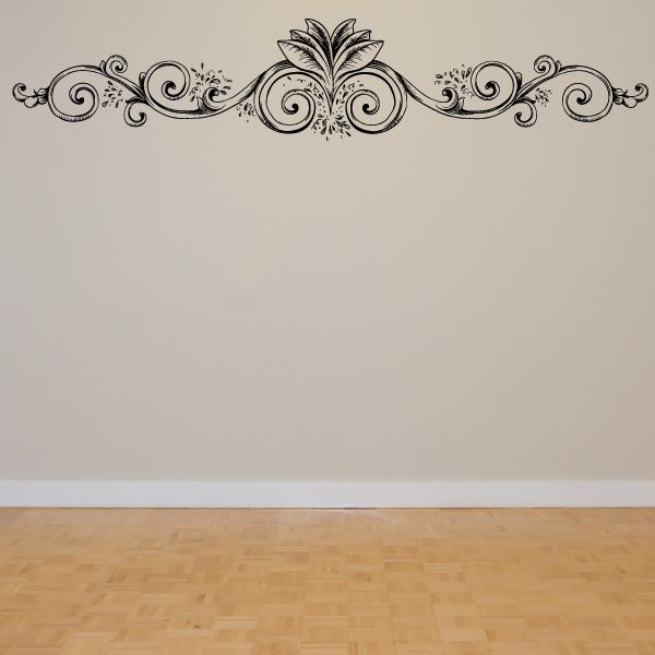 Floral damask wall decal with scrolling vines and feathered center medallion