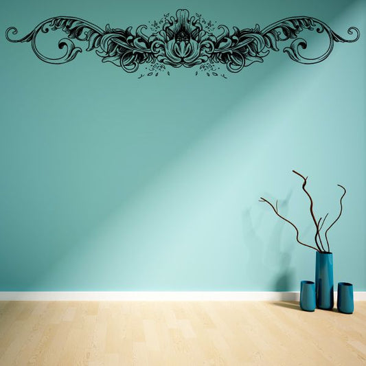 Dark teal floral damask wall decal with ornate scroll border