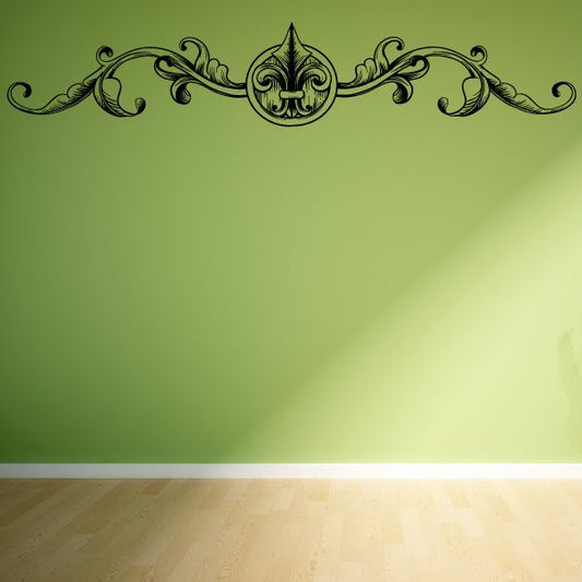 Ornate fleur-de-lis wall decal with dark green scrollwork