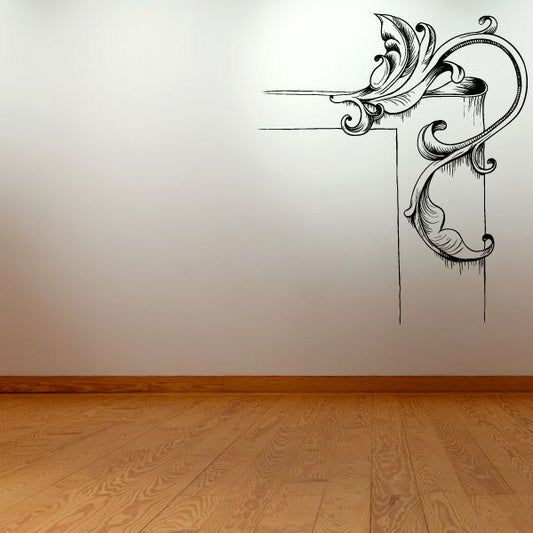 Ornate black damask wall decal with feathered flourish and hanging vertical accents