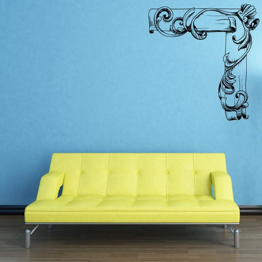 Vinyl wall decal with ornate floral scroll corner flourish, dark outline