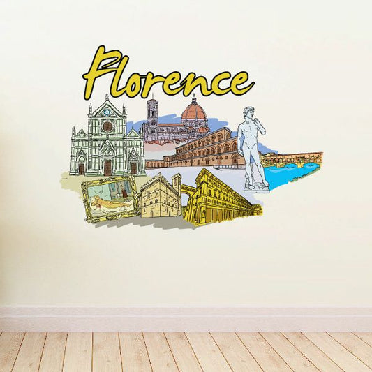 Florence Italy sticker with yellow outlined text and illustrated skyline and river