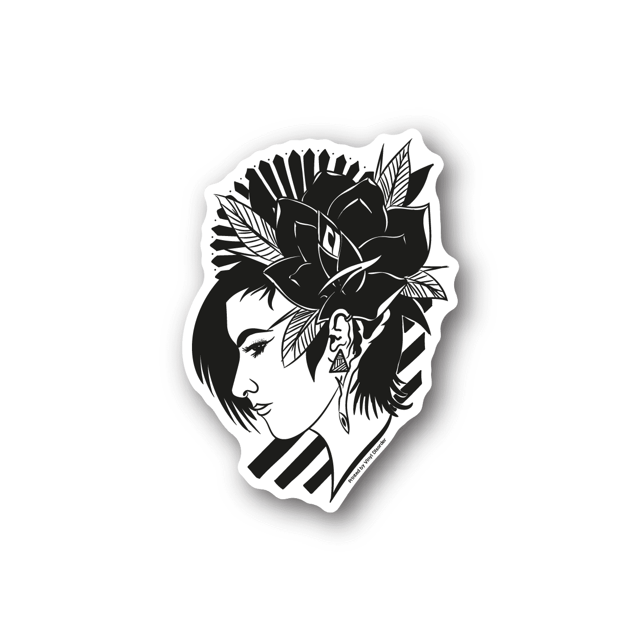 Side vinyl sticker of woman profile with black-and-white flowers