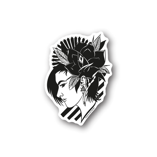 Side vinyl sticker of woman profile with black-and-white flowers
