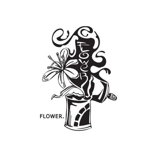 Flower spray paint can decal, black and white stencil graphic with 'FLOWER' text