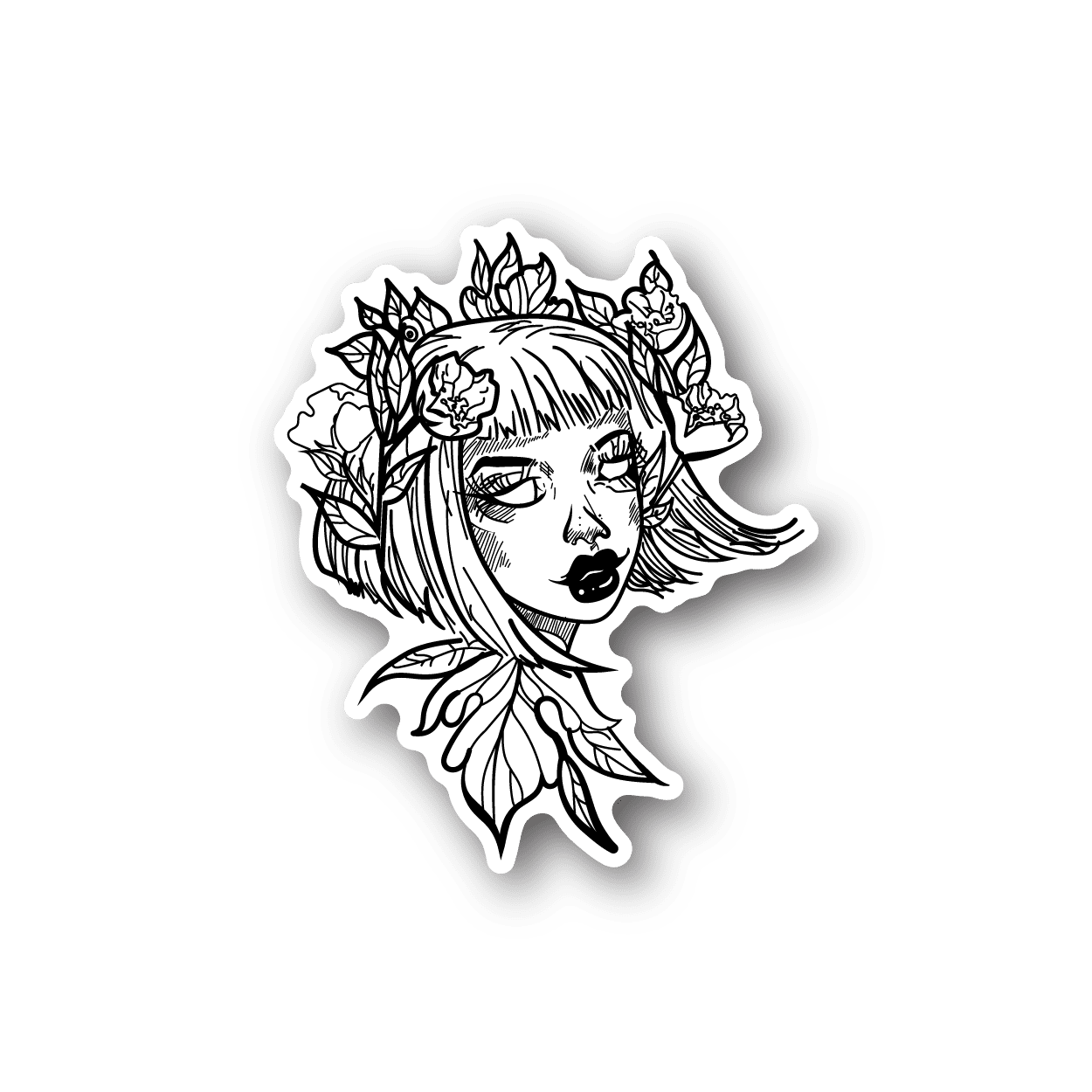 Vinyl sticker with stylized female face wearing floral crown, black and white outline
