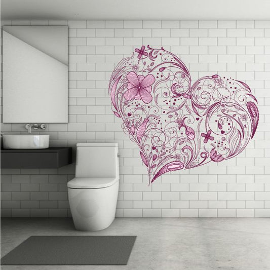Flower vine heart sticker with pink floral swirls and butterfly accents