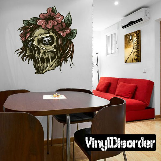 Skull sticker with floral crown, green and pink design