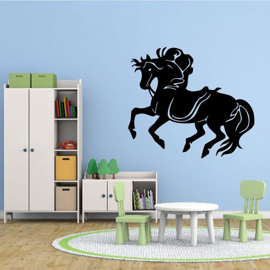 Black horse silhouette wall decal with flowing mane and tail