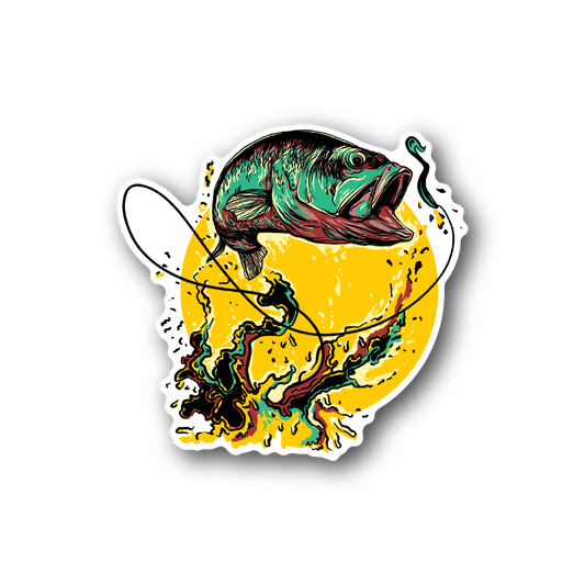 Fly fishing vinyl sticker with colorful trout and yellow splash