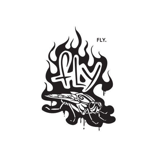 Graffiti fly wall decal with flames and stylized wings, black with white line details.