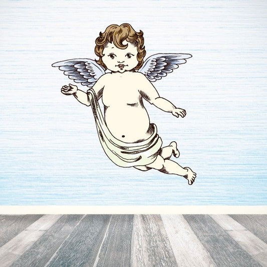 Flying angel sticker of a cherub with wings, holding a staff