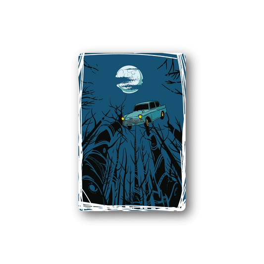 Vinyl sticker with a flying car under a moon, dark blue with white graphic border