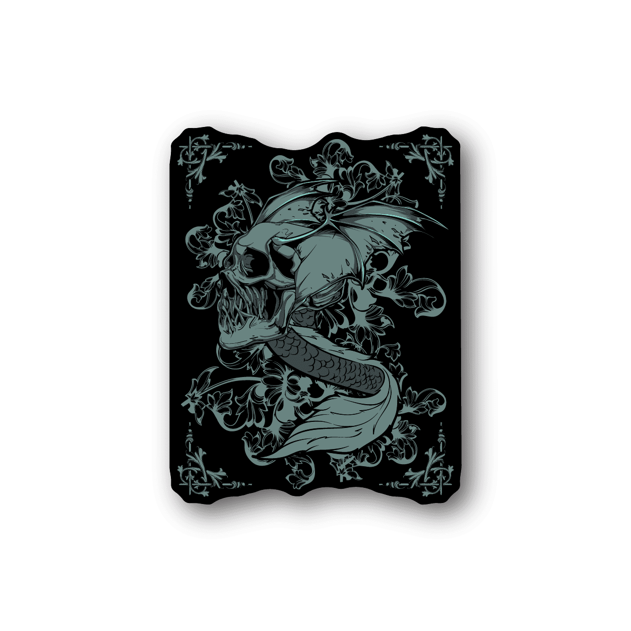 Flying snake skull vinyl sticker, dark outline with teal skull and serpent design