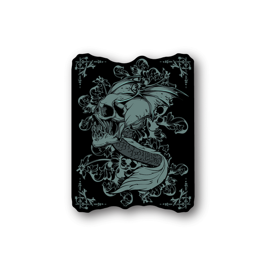 Flying snake skull vinyl sticker, dark outline with teal skull and serpent design