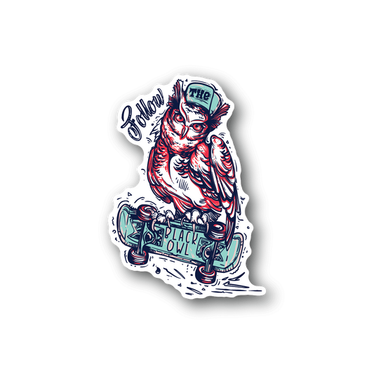 Skateboarding vinyl sticker of red-and-blue owl holding a board