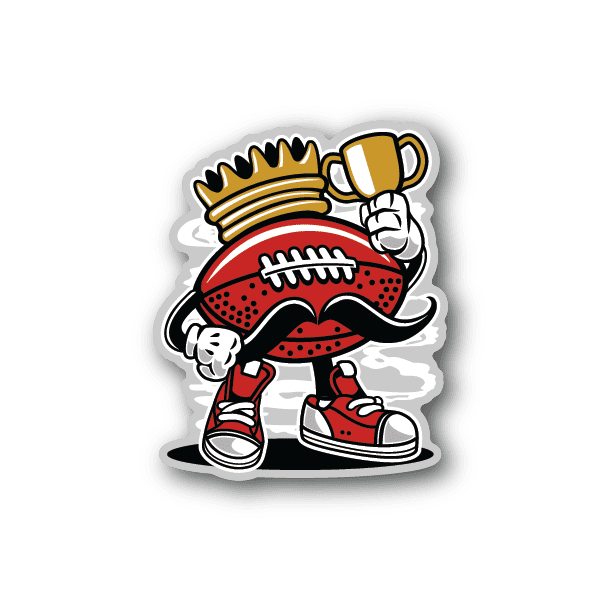 Football King vinyl sticker of red helmet mascot holding a beer mug, white outline