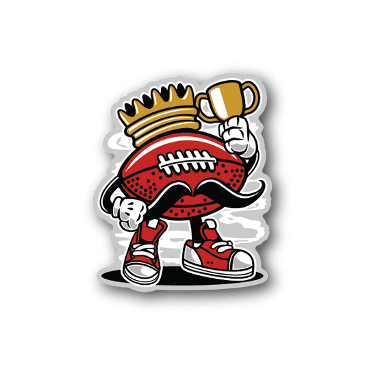 Football King vinyl sticker of red helmet mascot holding a beer mug, white outline