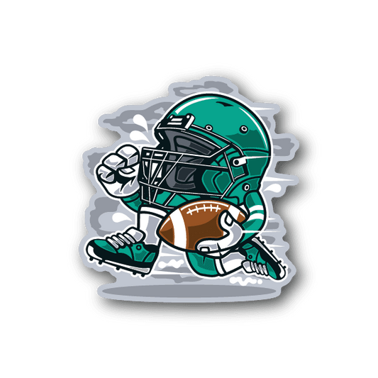Football player vinyl sticker of teal-uniform athlete holding brown football, cartoon style