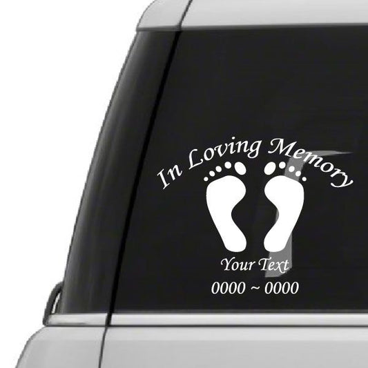 Memorial car decal with “In Loving Memory”, white footprint icons, and customizable name/date lines