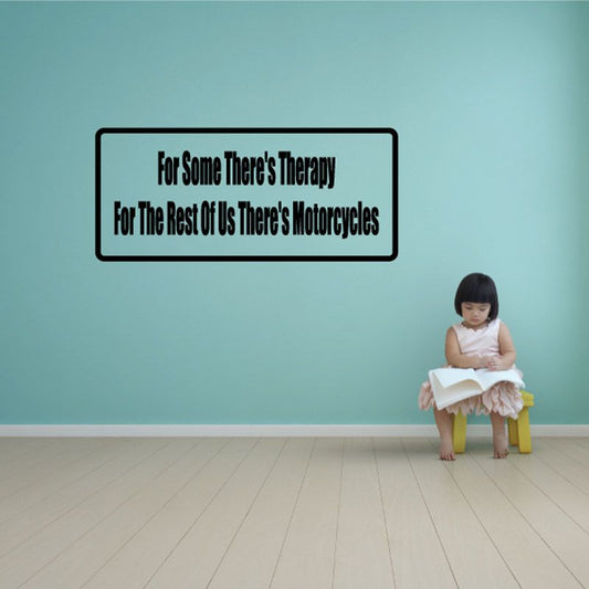 Rectangular wall decal with black border and two-line text: 'Therapy' & 'Motorcycles'