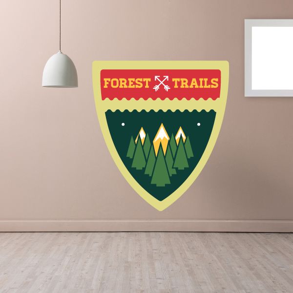 Forest Trails camp badge wall decal with red banner text and green pine trees