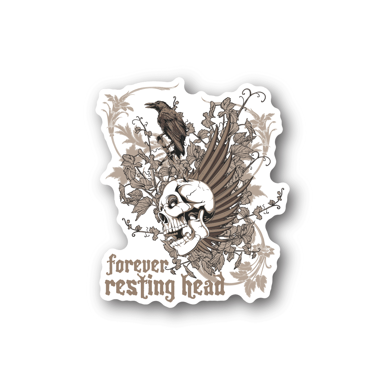Skull vinyl sticker with resting head art and 'Forever resting head' text