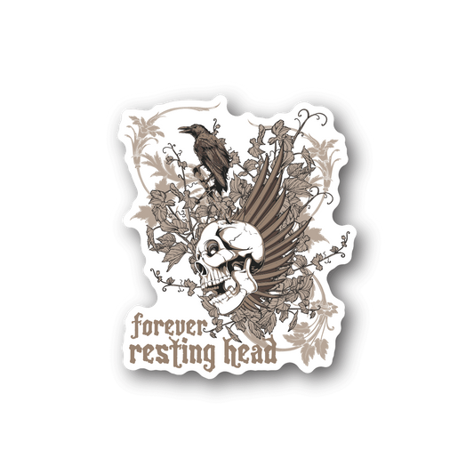 Skull vinyl sticker with resting head art and 'Forever resting head' text