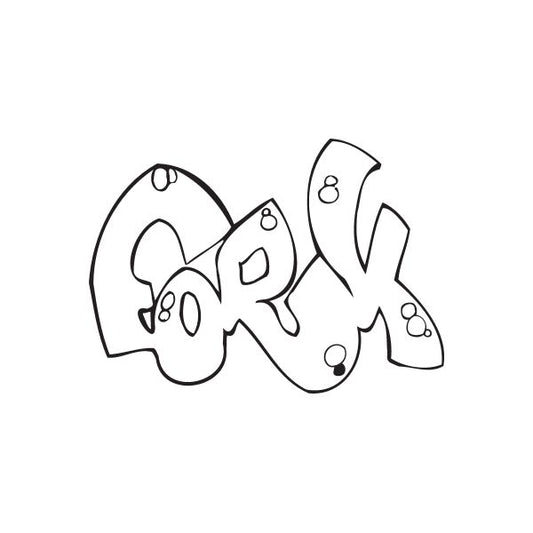 Graffiti-style fork decal with bold black outline