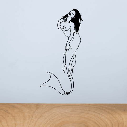 Mermaid sunbathing decal, black line-art mermaid with fork-like tail