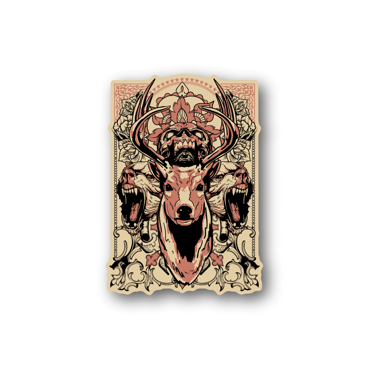 Vinyl sticker with detailed deer head illustration and ornate forest guardian artwork