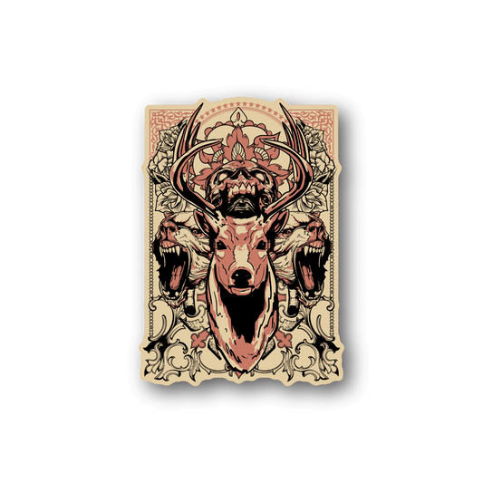 Vinyl sticker with detailed deer head illustration and ornate forest guardian artwork