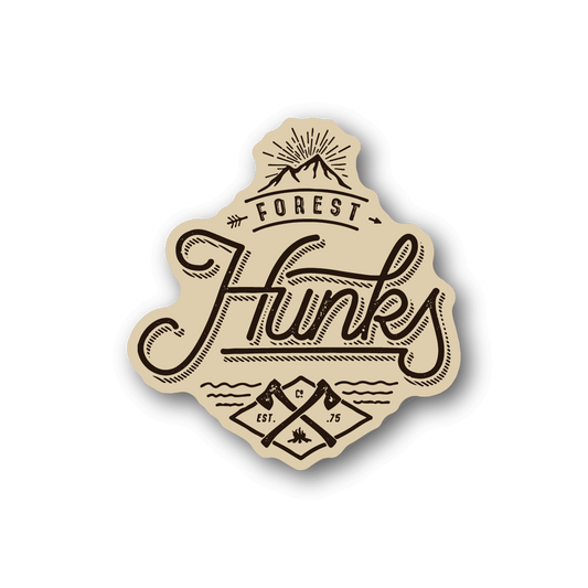 Beige vinyl sticker with bold script logo and forest badge graphic