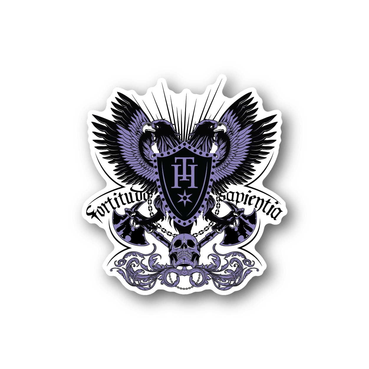 Vinyl sticker with purple winged crest, H shield, skull and ornaments