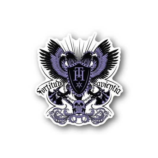 Vinyl sticker with purple winged crest, H shield, skull and ornaments