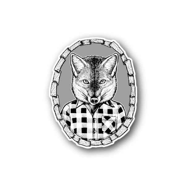 Vinyl sticker of a fox portrait wearing a black-and-white flannel shirt