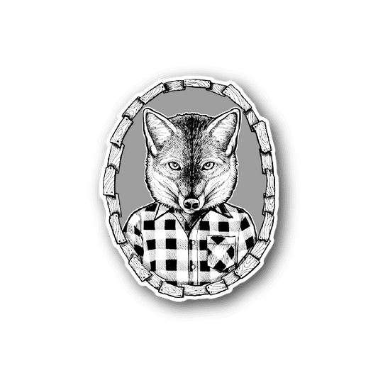 Vinyl sticker of a fox portrait wearing a black-and-white flannel shirt