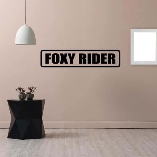 Foxy Rider wall decal, bold black lettering on white outline