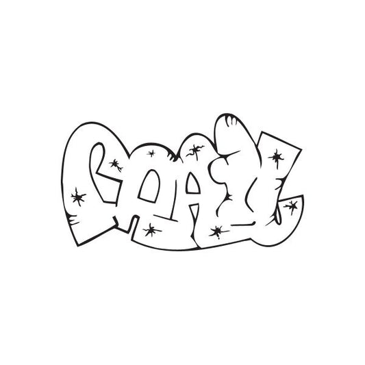 Graffiti decal with cartoon outline shapes, stars and moons in black and white