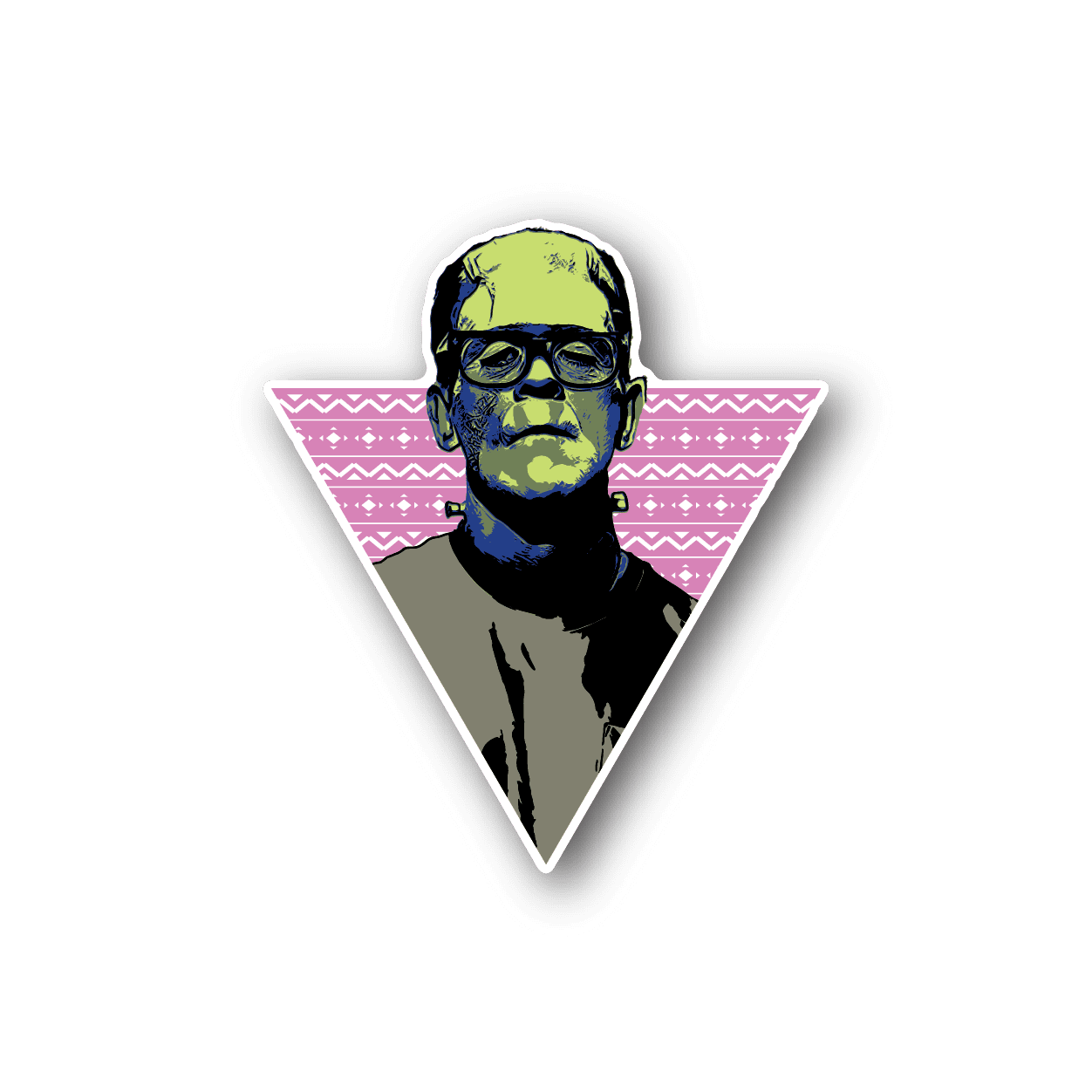Frankenstein vinyl sticker, triangular design with green-faced monster and glasses