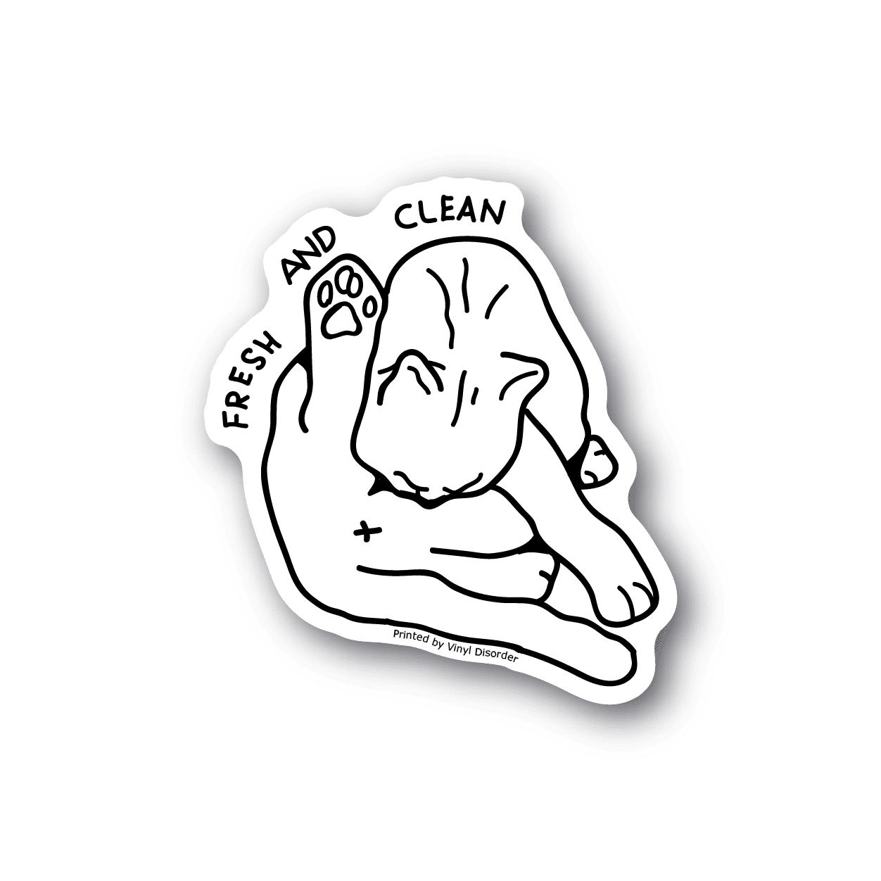 Cat vinyl sticker with white line-art face and “FRESH AND CLEAN” text