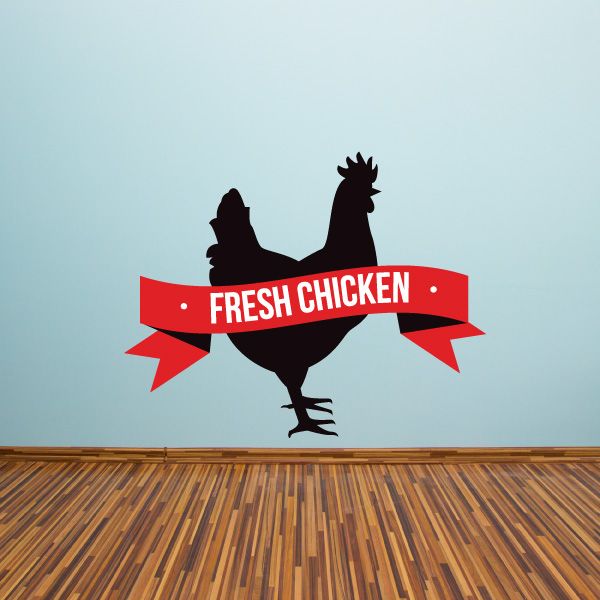 Chicken sticker: black rooster silhouette on red 'FRESH CHICKEN' banner