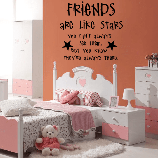 Wall decal with black text "Friends are like stars" plus stars and heart