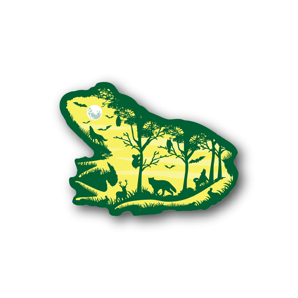 Green and yellow frog nature collage vinyl sticker with forest scene and moon