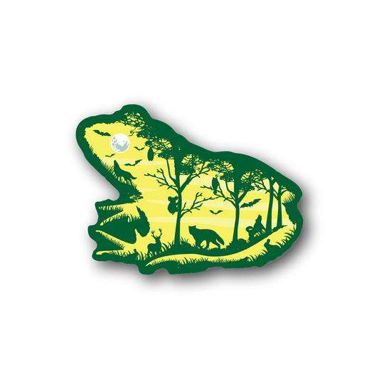 Green and yellow frog nature collage vinyl sticker with forest scene and moon