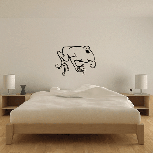 Frog and toad tongue-out wall decal, black line art on light surface