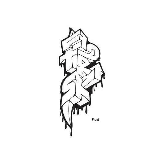 Graffiti decal with frosty character, white and black outline, dripping paint
