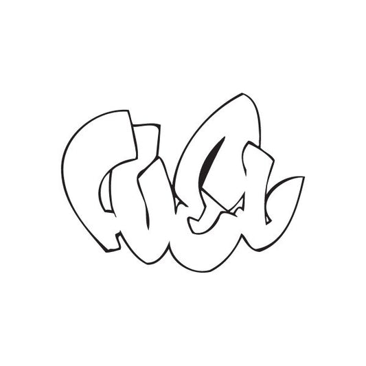 Graffiti-style decal with bold black outline letters