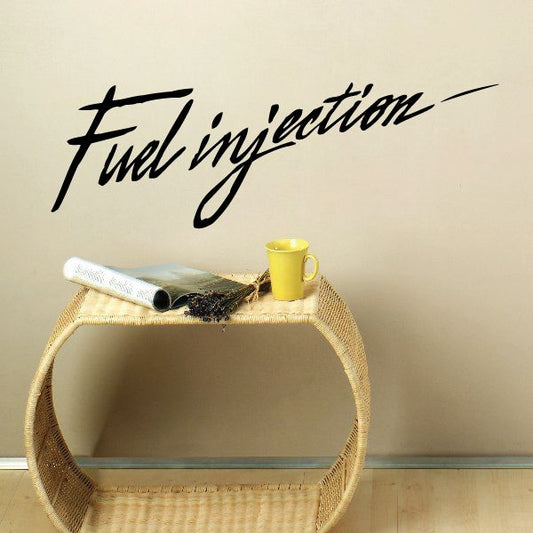 Fuel injection decal sticker with cursive black text